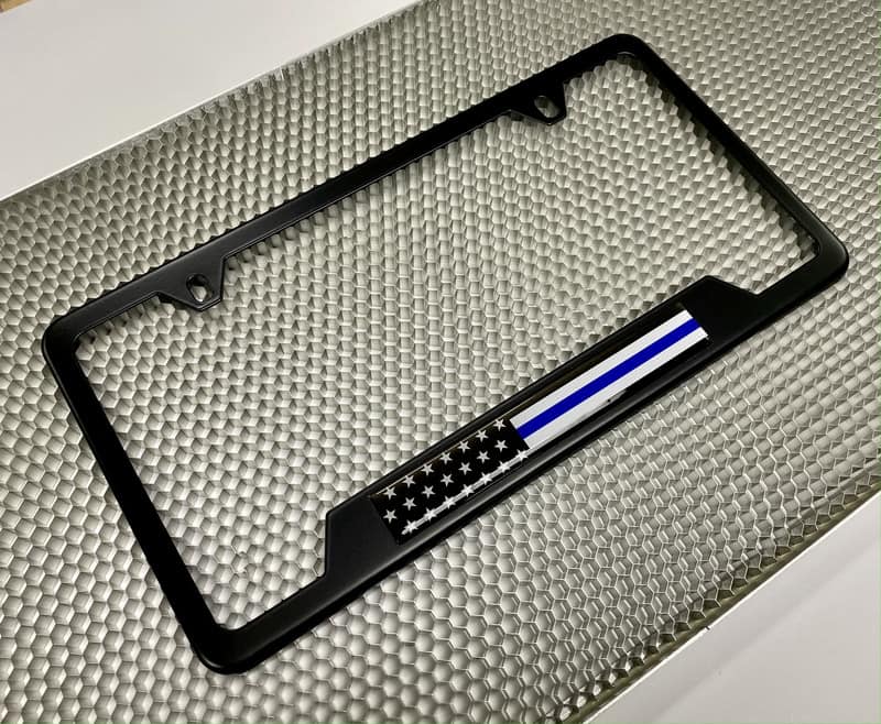 Thin Blue Line with US Flag - Stainless Steel Black 2-hole Car License Plate Frame